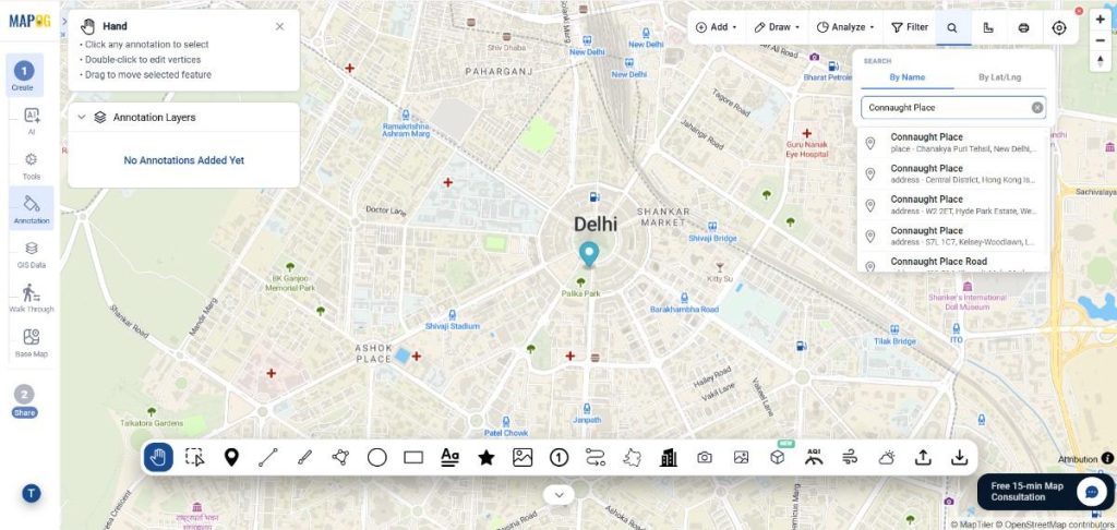 Pinpointing a geographic location using the search bar for adding text labels and annotations