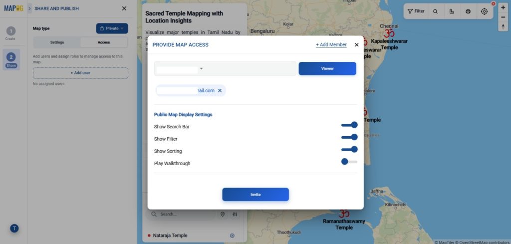 enable features such as the Search Bar, Filter, Sorting, and Play Walkthrough to Share Interactive Maps with Visitors