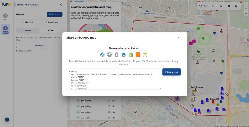 sharing the map publicly via an embed link or share link
