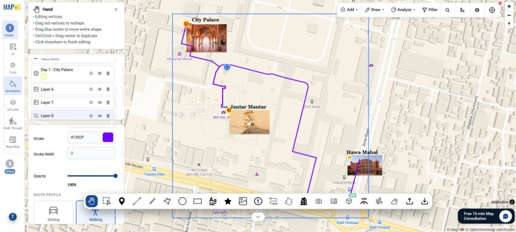 route created using route tool