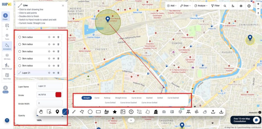 Draw circle and define 5 km reach zone 