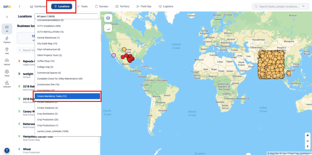 Location dashboard for Task Completion Forms
