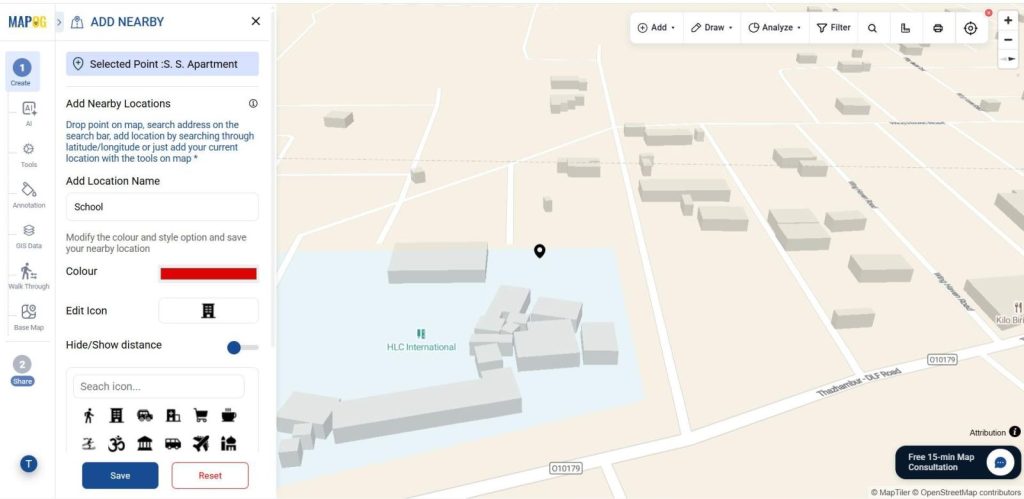 identify nearby places manually, then add a name and use the edit icon to update details like icon, color to add 3D Models with Popups