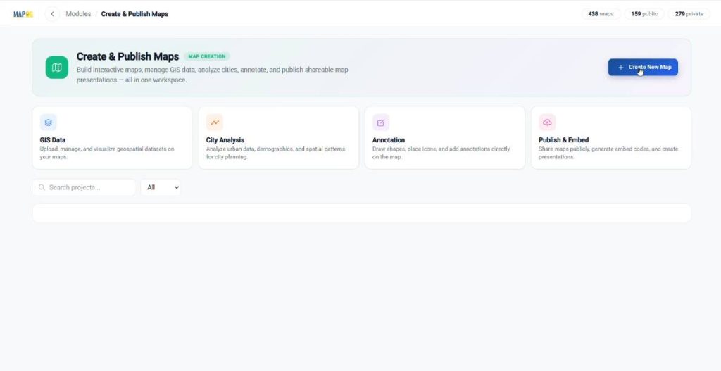 creating a new map in the create and publish maps workspace of MAPOG