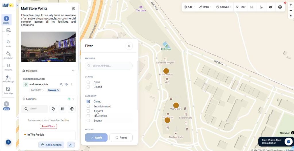 viewing only dining store locations on our interactive map