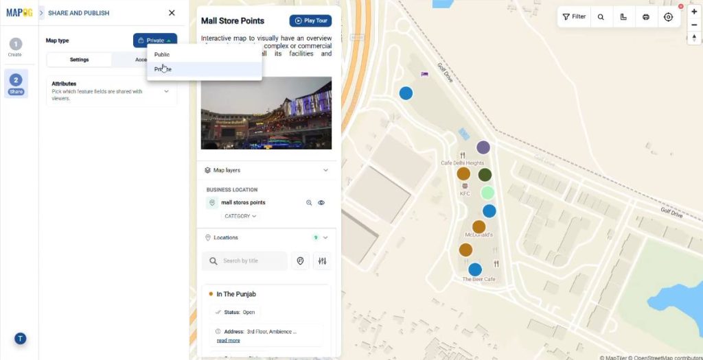 private and public sharing option to share our interactive multi store operations map