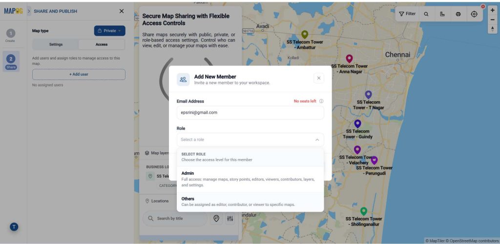 Select admin or other for Secure Map Sharing for Organizations