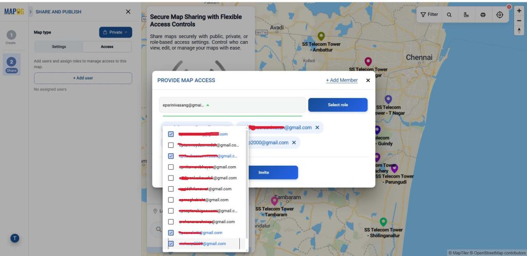 select the members in the select member drop down option for Secure Map Sharing for Organizations
