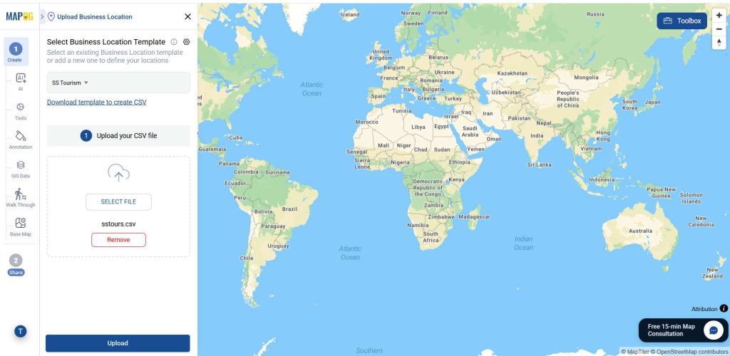 select the created template from the dropdown and upload your CSV/Excel file to Transform Spreadsheet Data into Interactive Maps