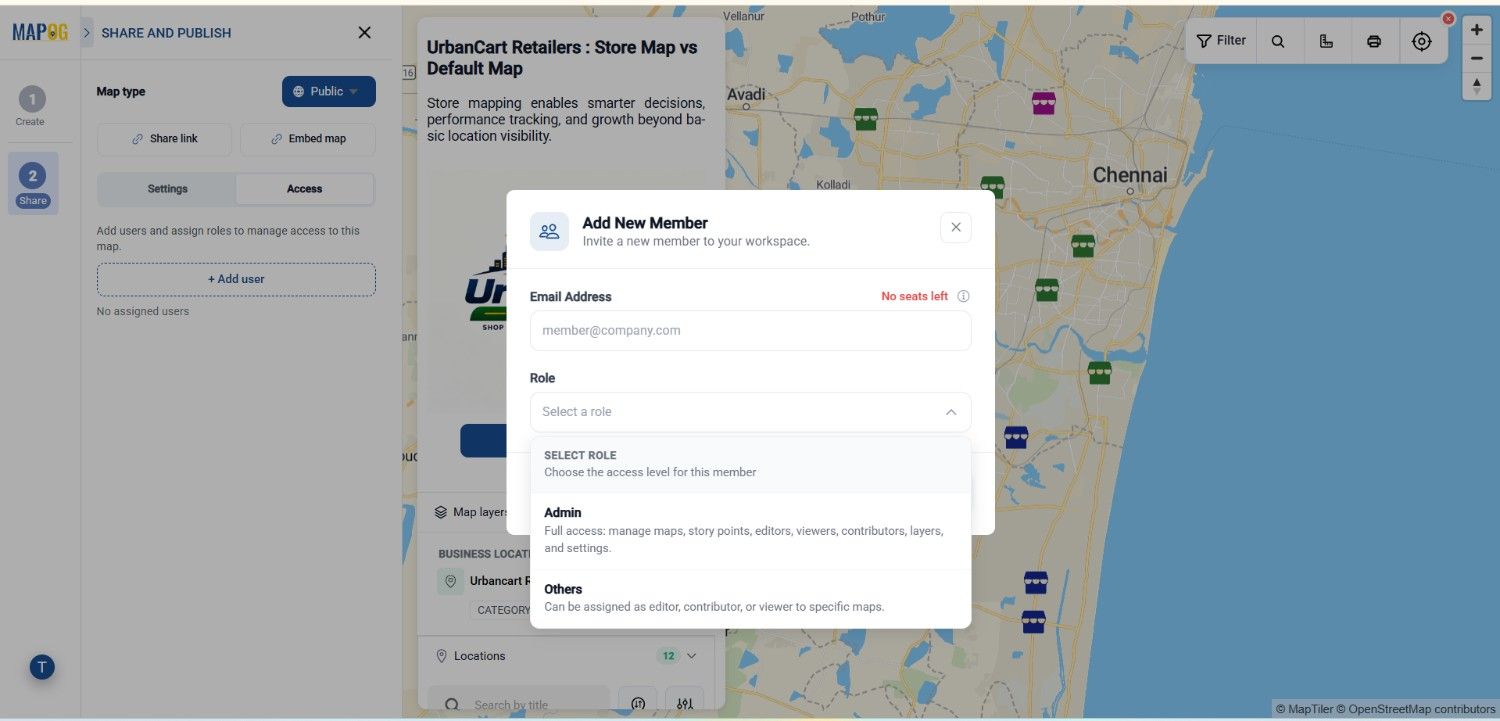 Screenshot2026-07-0316203 add email address and select the role admin or others to Share Interactive Maps Publicly