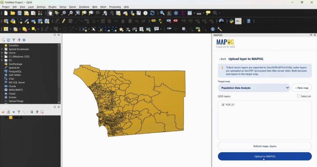 Share QGIS Projects through the MAPOG QGIS to MAPOG upload window.