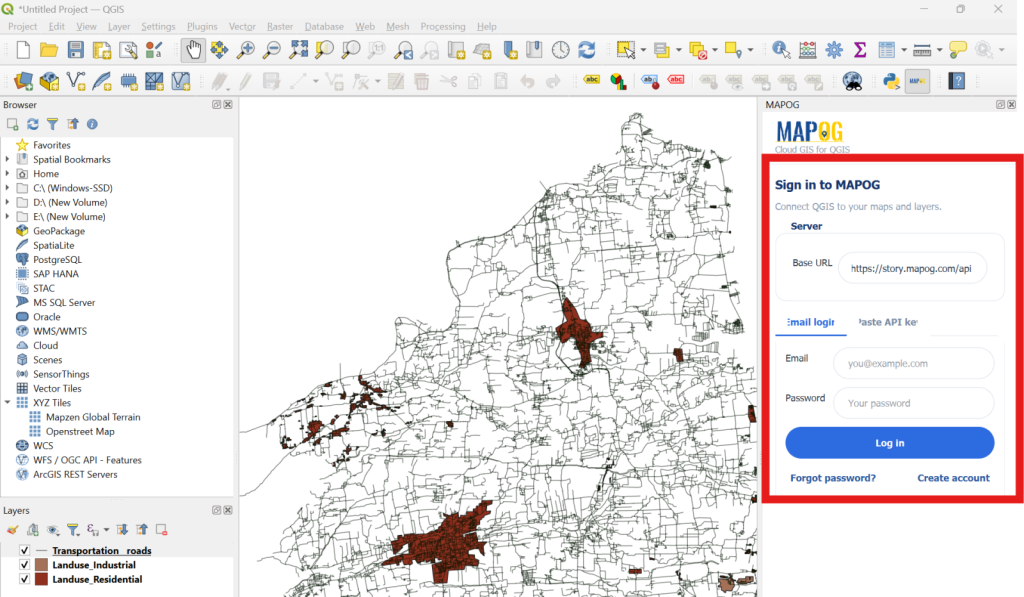 Signing in connects QGIS 