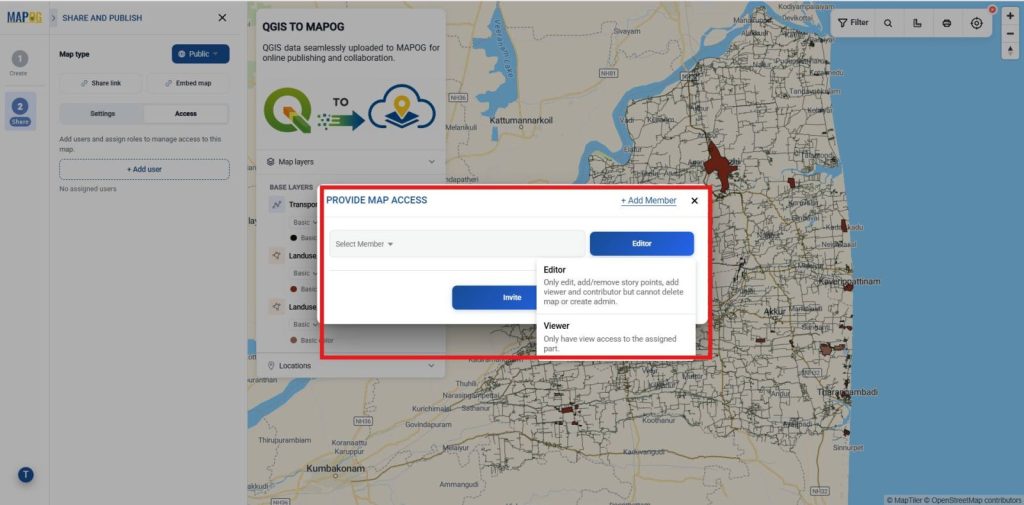 Invite users by email  by Publish QGIS Maps Online