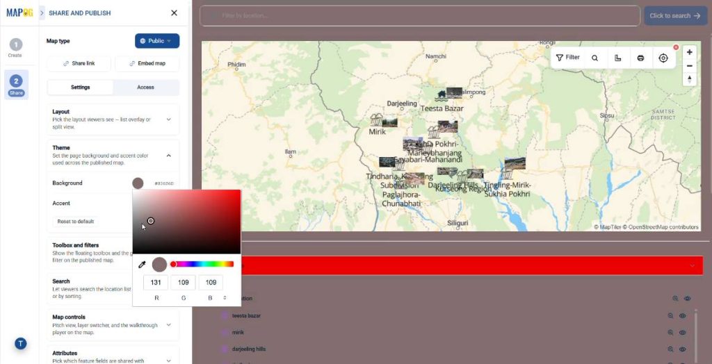 exploring settings of public sharing option of MAPOG map
