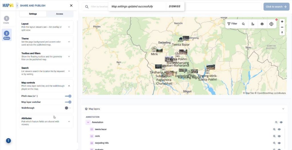 switching on/off pitch view in setiings of shareable map
