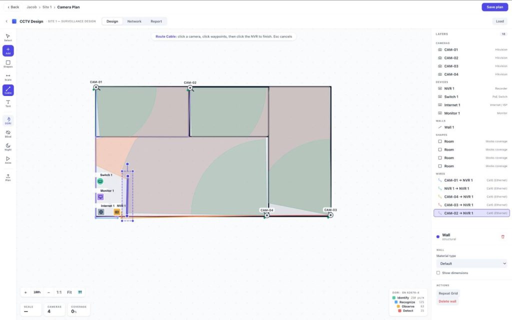 Camera planner tool showing coverage zones and blind spot detection on a floor plan