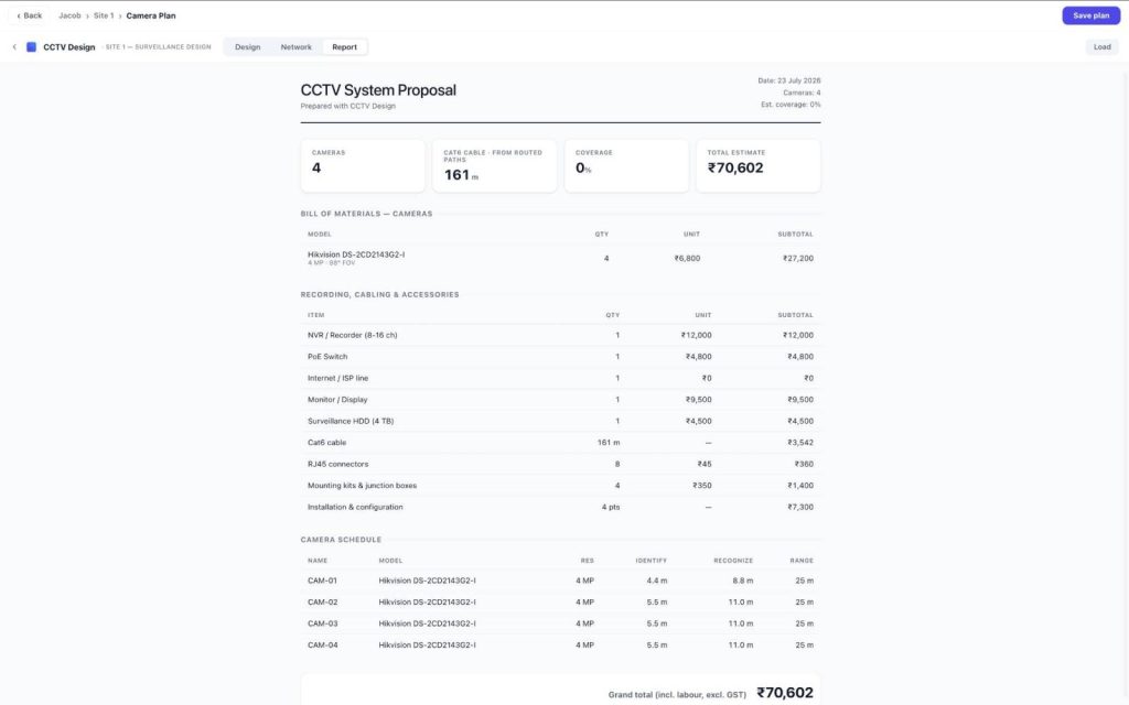 Camera placement, coverage, and pricing shown to the customer as one document.