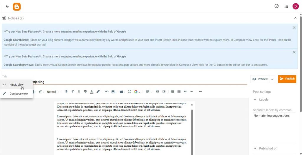 choosing HTML view to open the underlying HTML code of the post