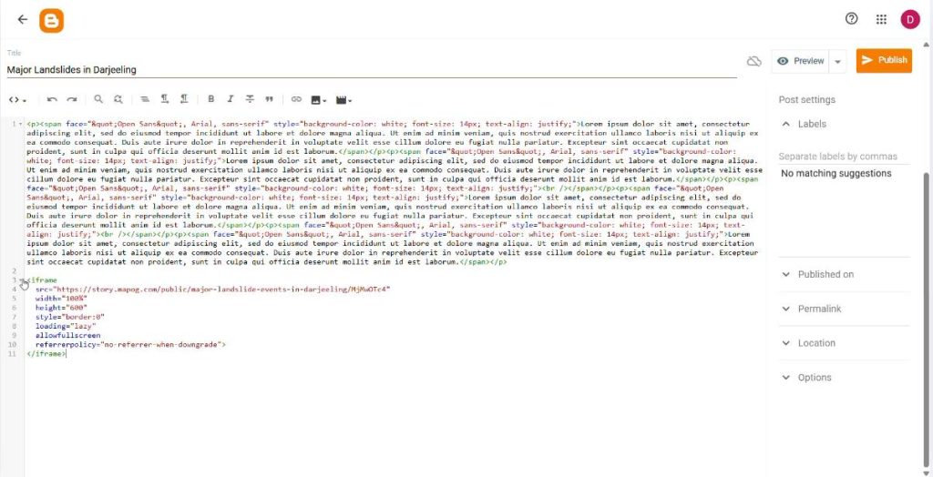 pasting our MAPOG HTML iframe embed link to the area where we want our embedded map to show up on the post