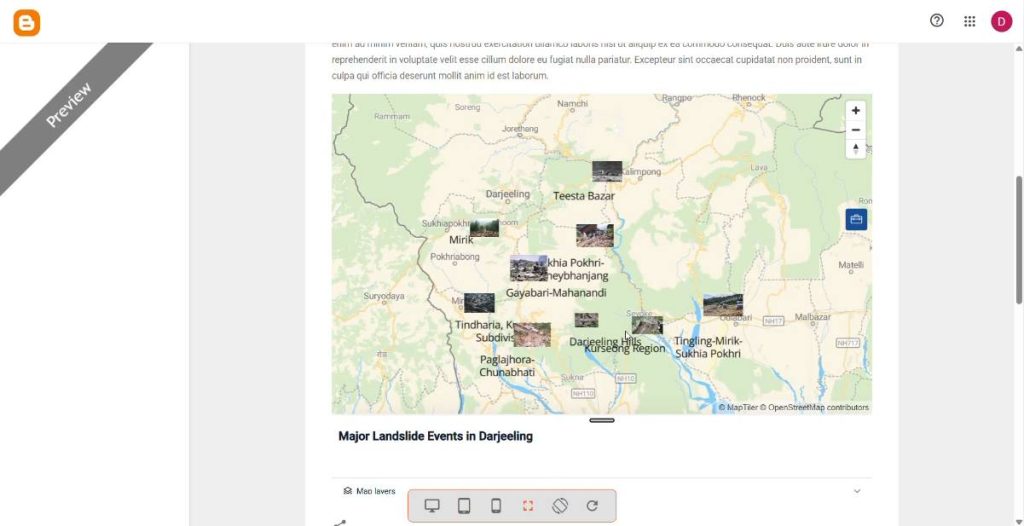 switching back to compose view and previewing the post to see the interactive MAPOG embedded map on the post