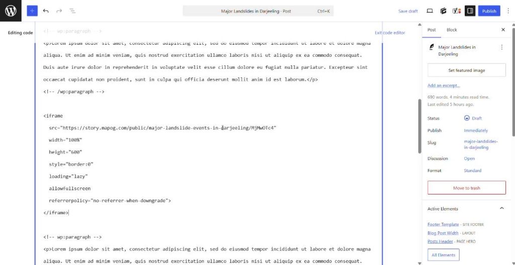 adding our HTML iframe embed link on the underlying HTML code on a wordpress post