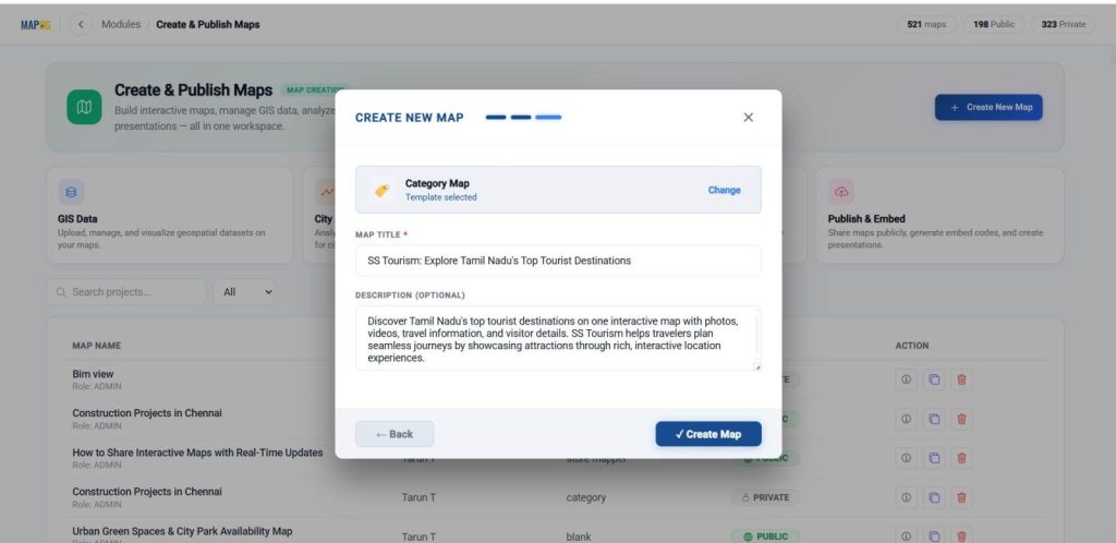 provide a title, description, then click create to initialize your project to Visualize Multiple Locations with Rich Information