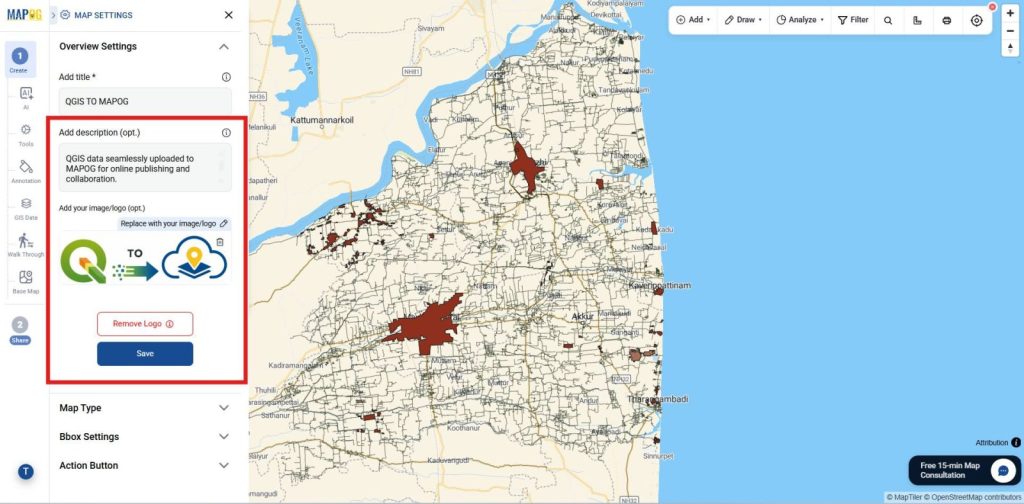map settings by Publish QGIS Maps Online
