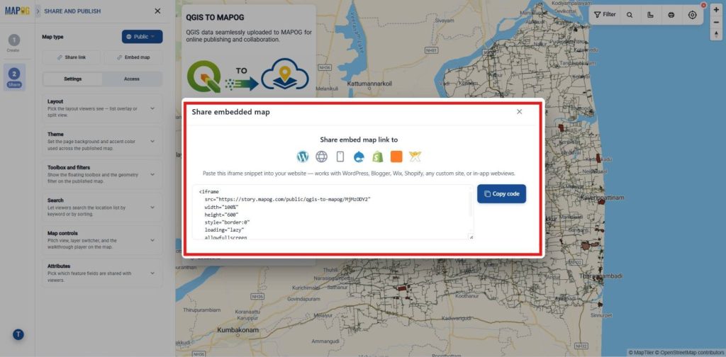 Share Link or Embed Map  by Publish QGIS Maps Online