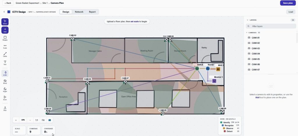 Quotation linked with cameras positioned across a CCTV floor plan