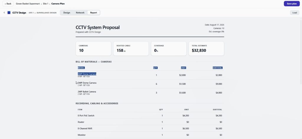 Auto-Generated CCTV Bill with camera models, quantities and quotation details