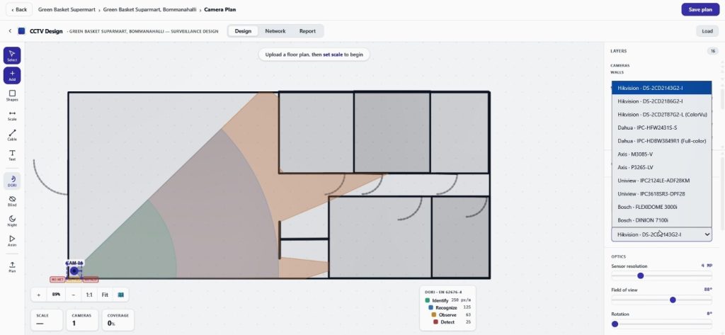 Floor Plan to Quotation camera layout with different camera models, field of view, resolution, and rotation.