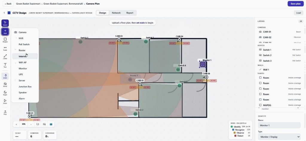 Floor Plan to Quotation CCTV planning for a commercial store with cameras positioned across different areas.